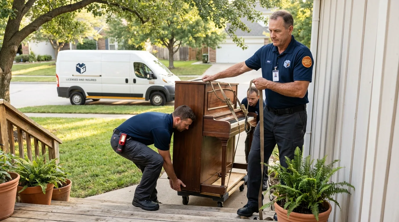 Licensed piano movers securing grand piano in Blue Island, IL