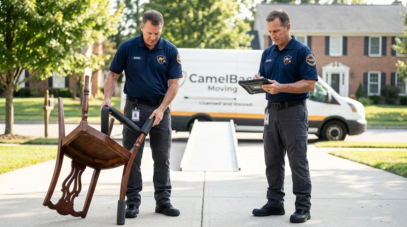 Movers inspecting furniture for damage prevention before loading in Blue Island, IL