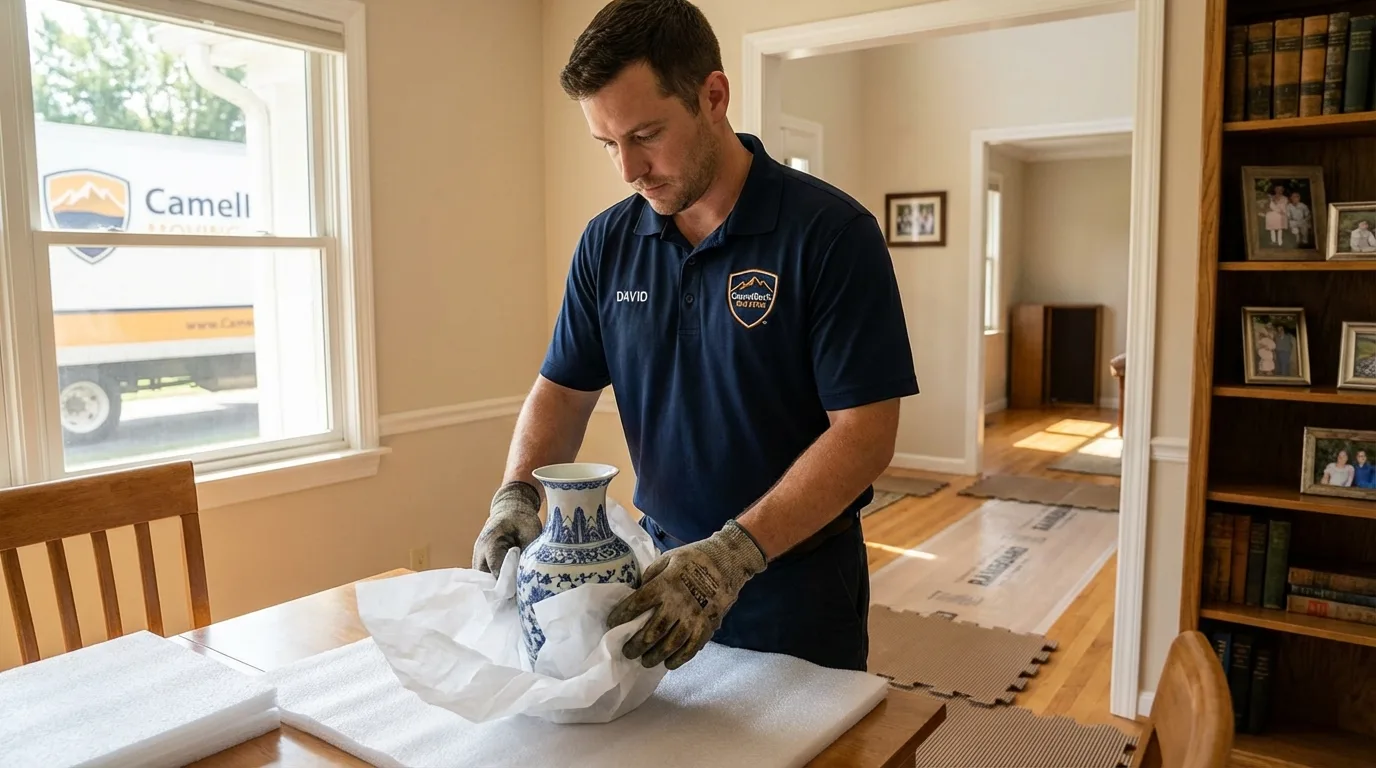 Professional crew carefully wrapping antique vase for senior downsizing move in Blue Island, IL